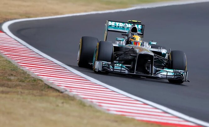 A Mercedes car driven by Hamilton during a race in Hungary, 2013